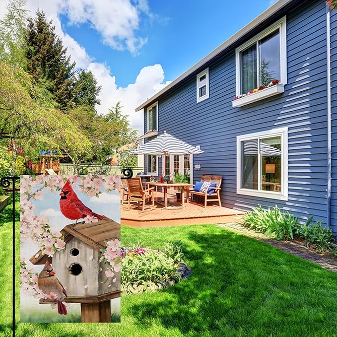 Spring Cardinal Bird Garden Flag 12x18 Inch Double Sided Burlap for Outdoor Party Pink Flowers Tree Summer Holiday Farmhouse Decor