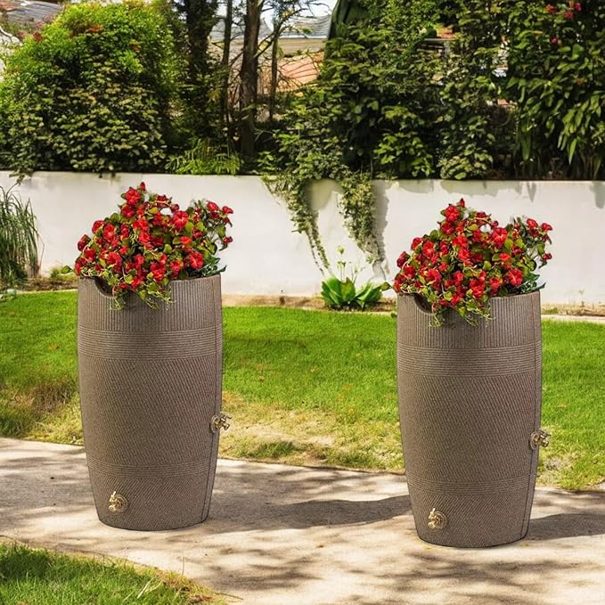 Decorative Rain Barrel with Planter, Impressions Havana, 50 Gallon, Unique Multi-Directional line Texture, Brass Spigot, Water Collection Tank,Khaki Granite. (Khaki Granite, Set of 2)