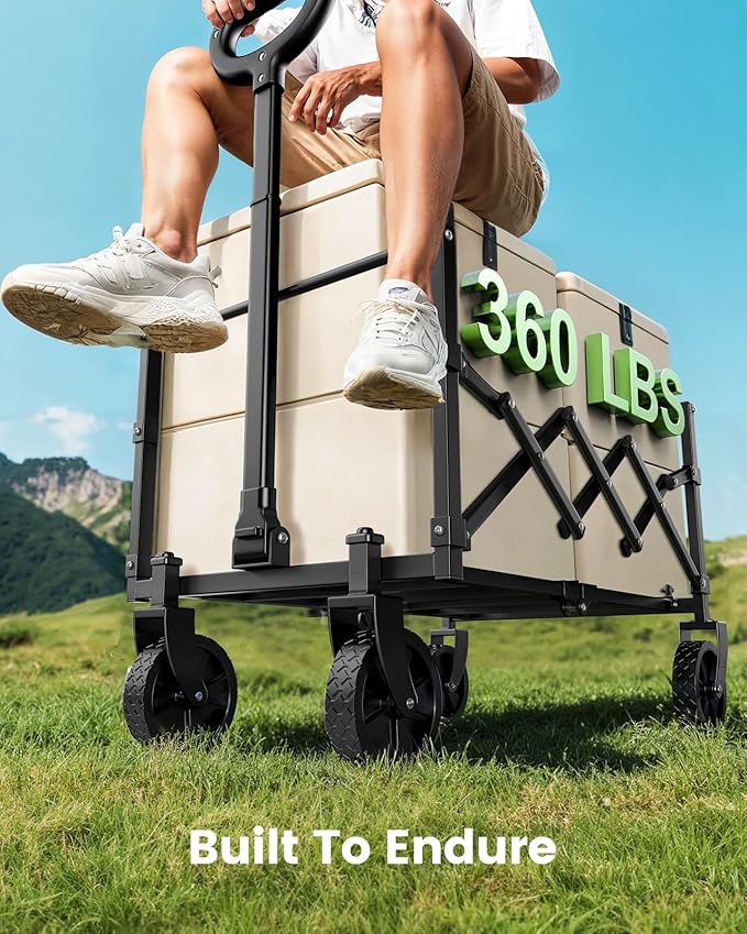 Small Wagon Cart Foldable, Collapsible Wagon with 360 LBS Max Load & Expandable Storage, 90L Foldable Grocery Cart with 2 Cup Holders for Outdoor, Garden, Camping &Groceries-Black