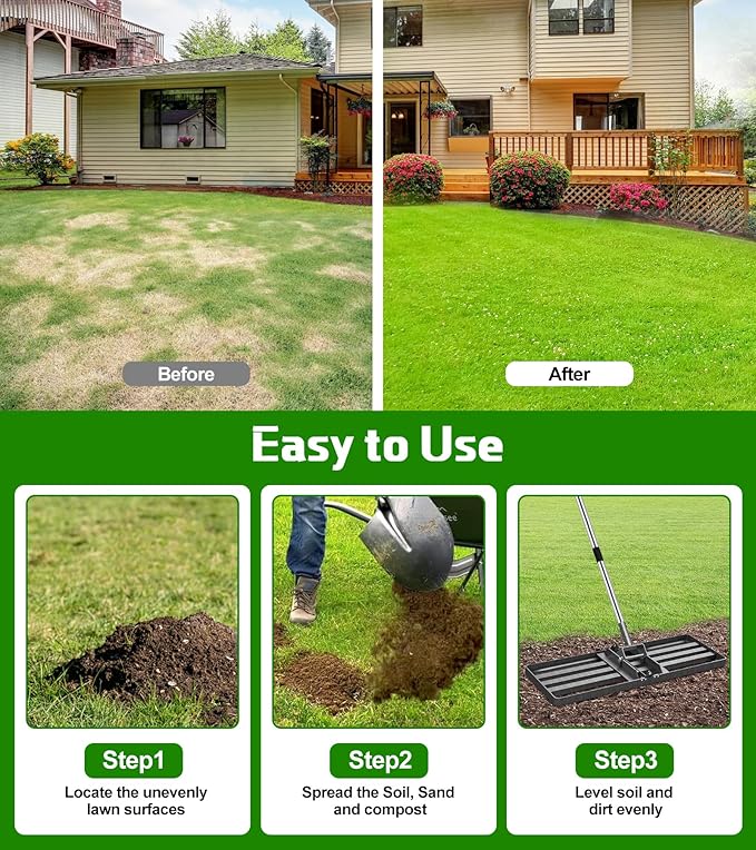 Heavy-Duty Lawn Leveling Rake Levelawn Tool with 30"x10" Plate & 6.2FT Adjustable Stainless Steel Handle Effortlessly Levels Soil/Dirt Surfaces in Lawn, Garden, Backyard, Golf Course, Farm, Pasture