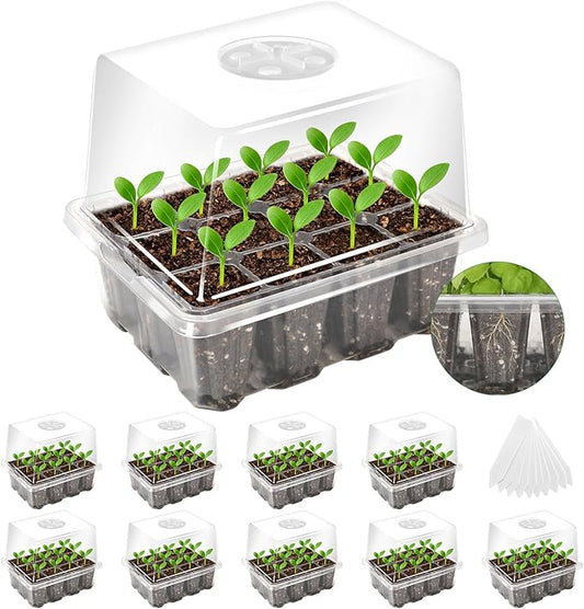 MIXC Seed Starter Tray with Elevated Lid, 120 Cells Seed Starter Kit with Adjustable Humidity Dome, Drainage Hole, Clear Heightened Lids for Indoor Outdoor Greenhouse Gardens, 10 Pack, Transparent