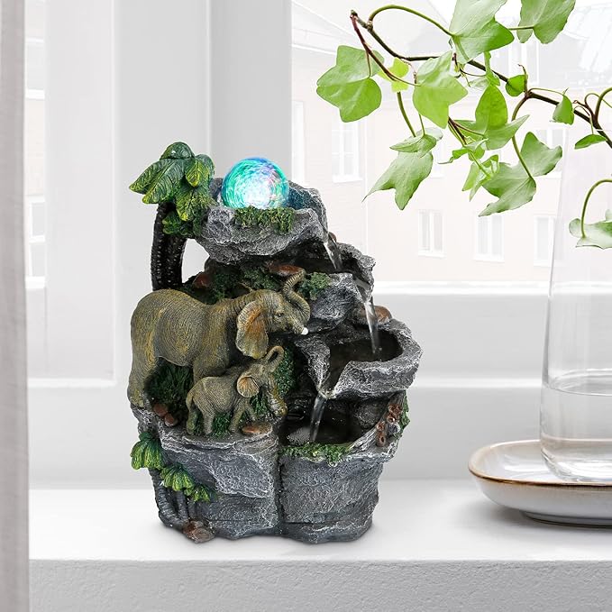Dyna-Living Elephant Fountain Indoor Water Fountain, Tabletop Waterfall Fountain with Colorful LED Light and Rolling Ball Zen Water Feature Quiet Pump for Home Office Desk Decoration Gift