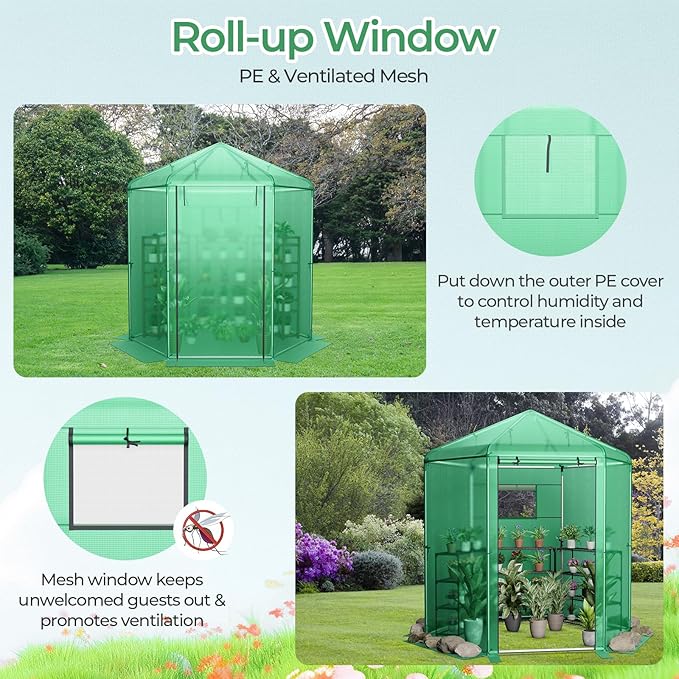 HAPPYGRILL 7 x 6 x 7.5 FT Walk-in Greenhouse, Large Outdoor Heavy Duty Greenhouse with PE Cover, Mesh Window & Roll-Up Door, Portable Greenhouses for Plant Gardening