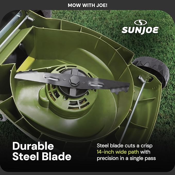 Sun Joe MJ401C 14-Inch 28-Volt Cordless Push Lawn Mower, w/10.6-Gallon Collection Bag, 3-Position Height Adjustment, Safety Key, 14 inches, Green