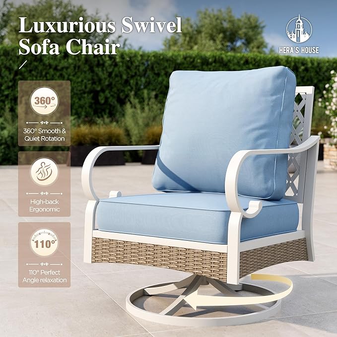 HERA'S HOUSE Swivel Outdoor Patio Chairs Set of 2 with Cushions, High Back Metal Frame, All Weather Garden Furniture for Lawn, Backyard, Deck, Blue