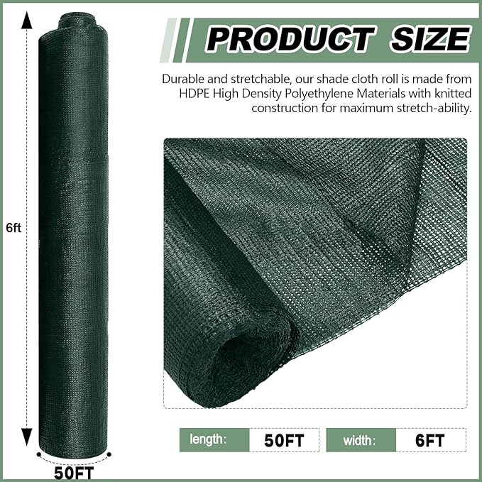 6 x 50 ft Green Shade Cloth Roll for Covering Garden 90% Mesh UV Resistant Net with Ties for Patio Outdoor Greenhouse Fence Flower Plant Cover Canopy