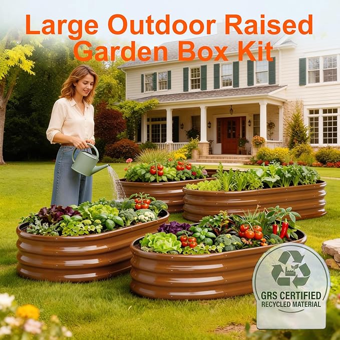 Rakukiri Raised Garden Bed Outdoor 2 Sets Oval Large Coating Metal Planter Box with No Heavy Metal for Vegetables, Flowers, Herbs