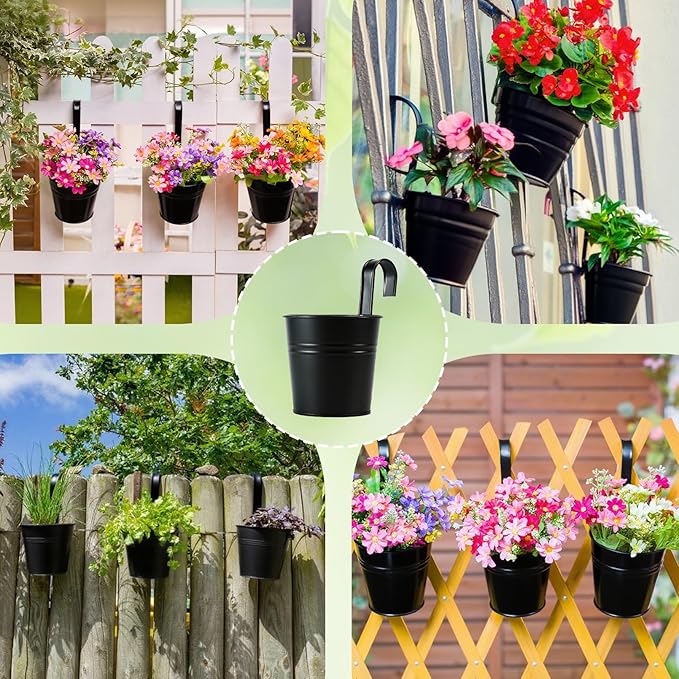 10 Pack Hanging Flower Pots, Metal Iron Bucket Planter, 4 Inches Railing Planter, Hanging Planters Flower Holder with Detachable Hook for Railing Fence Balcony Garden Home Decoration (Black)