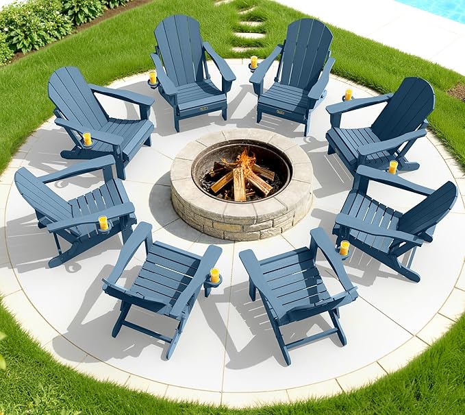 SERWALL Folding Adirondack Chair with Cup Holder Set of 4, Weather Resistant HIPS Patio Chairs, Wooden Textured, Fire Pit Chairs for Garden Outdoors Fire Pit - Blue