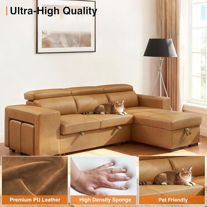 102'' Brown Leather L Shaped Sectional Sleeper Sofa with Pull Out Bed