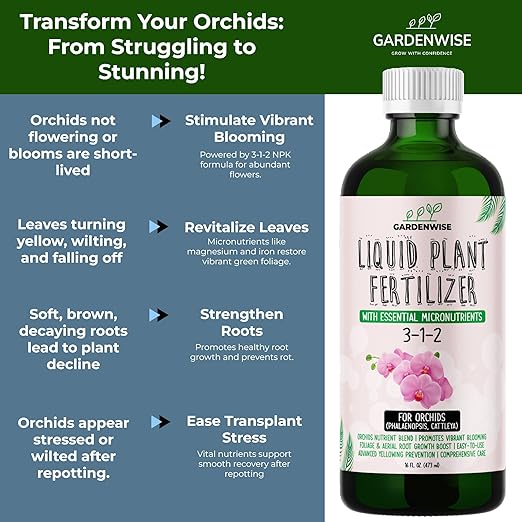 GARDENWISE Liquid Orchid Fertilizer Concentrate 3-1-2 with Micronutrients Orchid Care Made Easy (8 OZ)