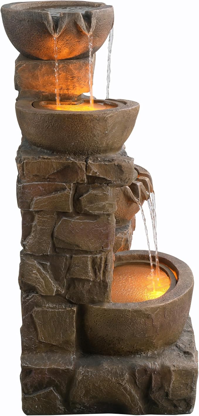 Teamson Home 33.27" Outdoor Freestanding Water Fountain with LED Lights, Cascading Bowls & Stacked Stones, Floor Fountain for Patio, Garden, Balcony, Lawn, Yard Decor, Brown Polyresin
