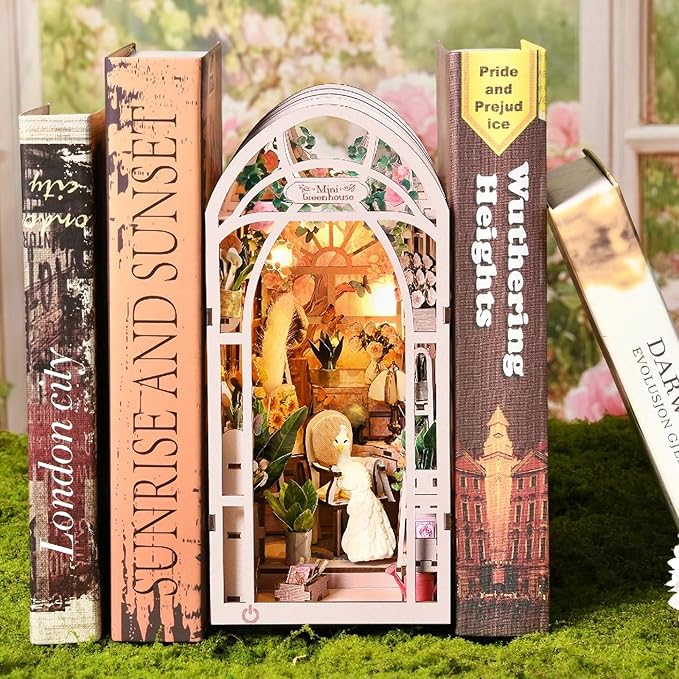 Green House Book Nook Kit - DIY Miniature Flower Room 3D Wooden Puzzle, Booknook Bookshelf Decor for Adults Teens, Creative Craft Kits Gift for Family Friends