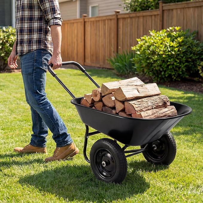 Goplus 2 Wheel Wheelbarrow, Dual Wheel Barrow with 14 inches Pneumatic Rubber Tires, 330 lbs Capacity Garden Yard Cart for Gardening Tool, Moving Soil, Wood, Gravel, Mulch