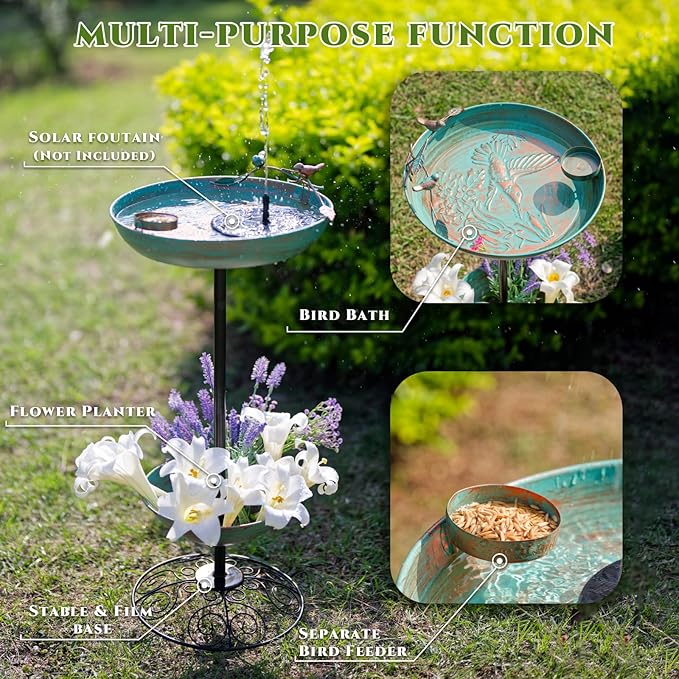 dreamysoul Metal Bird Baths for Outdoors, Pedestal Green Bird Bath with Flower Planter, BirdBaths for Outdoors Garden Yard Patio Decor