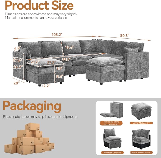 105" Storage V-Shaped Modular Sectional Sofa with 2 Ottomans, Light Grey
