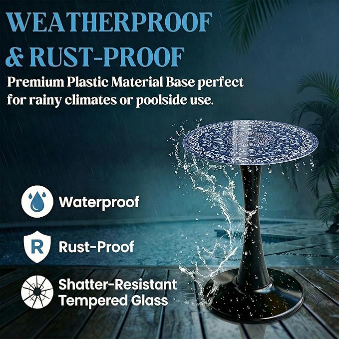 Simmer Stone 13.4" Outdoor Side Table, Round Patio Bistro Table Printed Tempered Glass Top, Waterproof Rust-Proof Base, Small Plant Stand for Balcony, Garden, Deck, 21.6" H (Blue Maze)