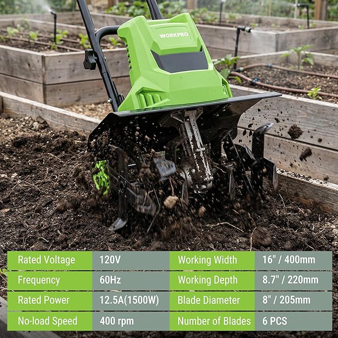 WORKPRO 12.5 Amp Electric Garden Tiller & Cultivator, 16" Tilling Width & 8.7" Depth, 6 Steel Tines, 4-Position Adjustable Wheels, Safety Switch, Corded Rototiller for Garden, Lawn & Flower Beds