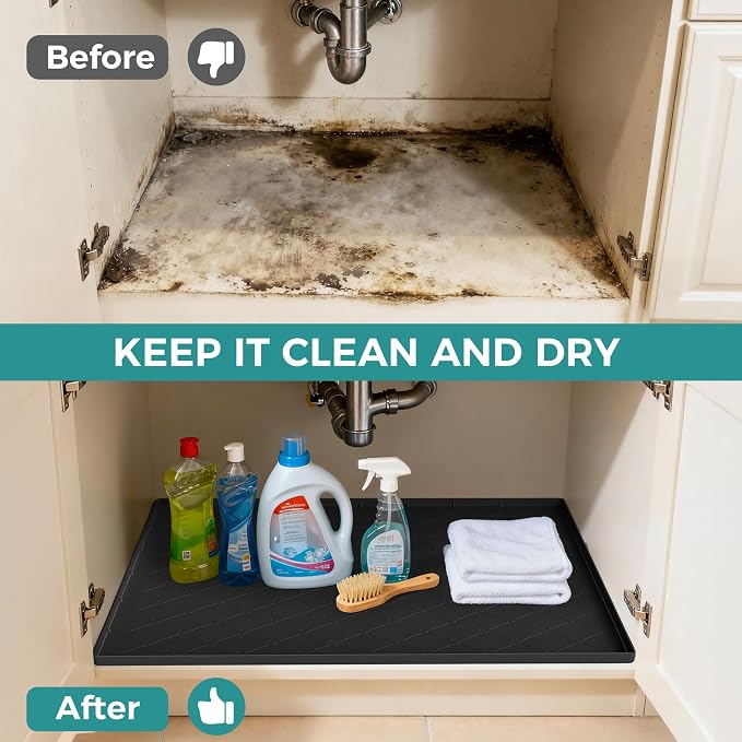 URMONA Under Sink Mat 37 x 22 in, Waterproof Silicone Cabinet Protector