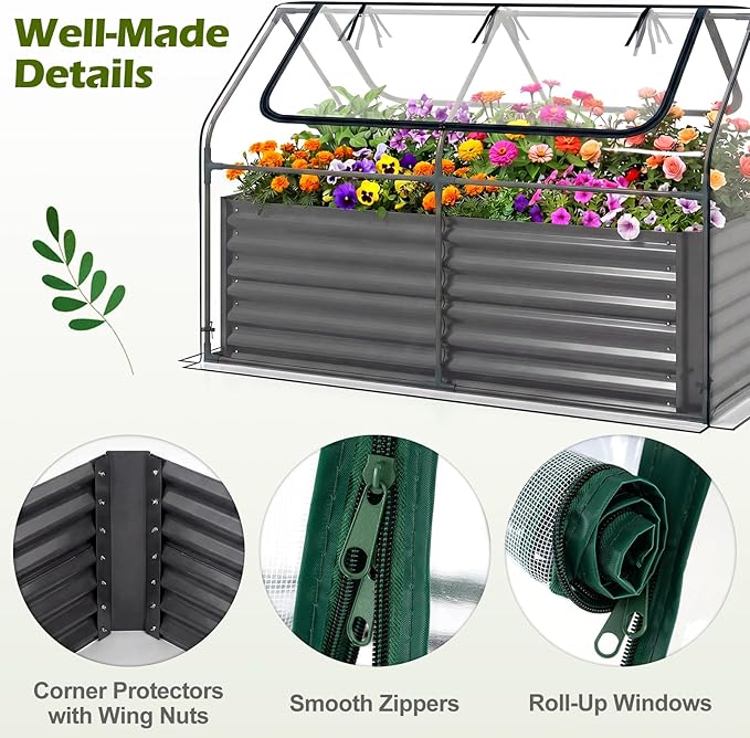 S AFSTAR 3-in-1 Raised Garden Bed with Greenhouse Cover, 6FT x 3FT x 4FT Galvanized Bottomless Planter Box Kit with Dual Roll-Up Screen Windows, Outdoor Mini Greenhouse for Vegetables (Black & Clear)