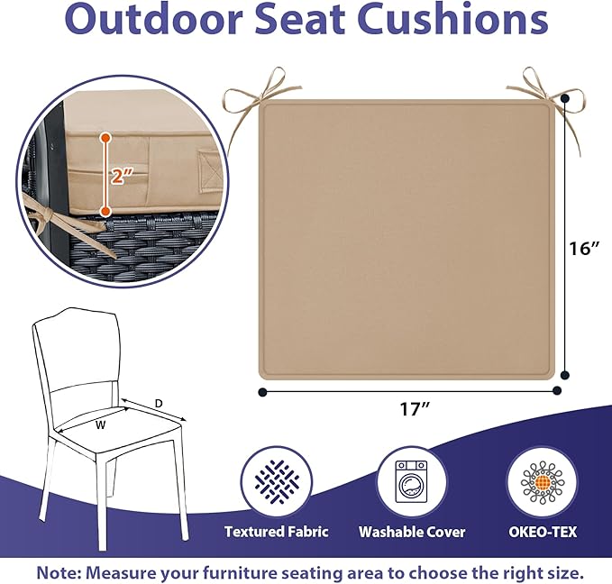 IPYNBAP Outdoor Chair Cushions Set of 4 -Waterproof Outdoor Seat Cushions for Patio Furniture, Patio Chair Cushion with Handle and Ties, Square Out Door Chair Pads,17" x 16" x 2",Beige