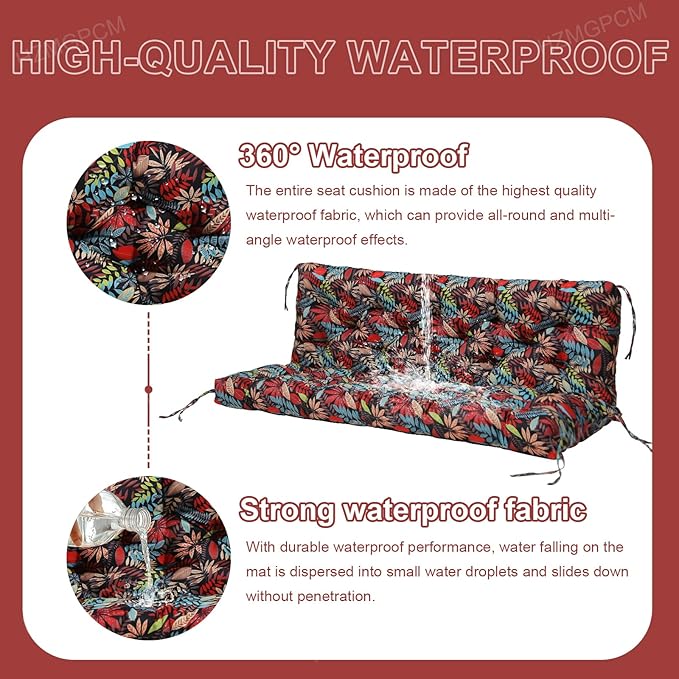 Premium 5" Thick Waterproof Outdoor Swing Cushions Sturdy Durable 3 Seat Replacement Porch Swing Cushions with Backrest&Ties Bench Cushion for Outdoor Furniture Backyard Patio (Flower01)