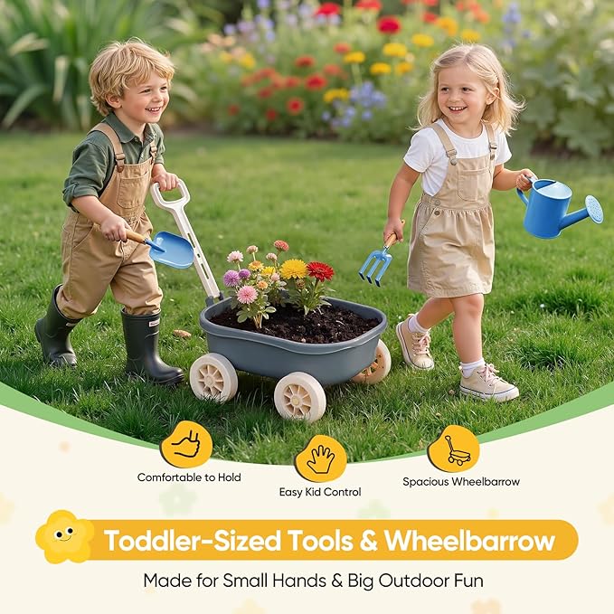 Grenebo Kids Gardening Set with Wheelbarrow, 11-Piece Outdoor Yard, Beach, STEM Garden Play Kit with Child-Sized Tools, Durable, Safe & Fun Gift Toy for Ages 2+ Kids Toddlers Boys Girls (Gray)