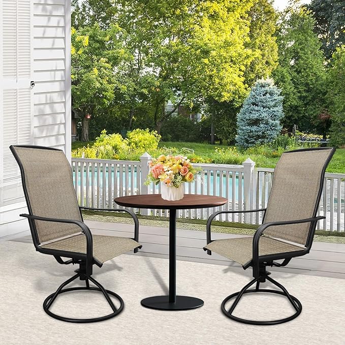 SHGJ&SOFT Patio Swivel Chairs, Waterproof Outdoor Dining Chairs with All-Weather Textilene Mesh for Deck, Garden, and Backyard (Plain Backrest-Brown, Set of 2)