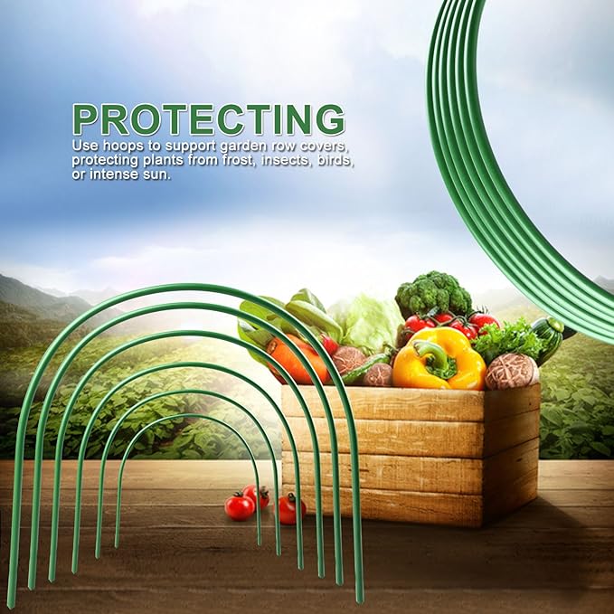 Greenhouse Hoops, 6 Pack Plant Support Garden Stakes, Rust-Free Grow Tunnel 4ft Long Steel with Plastic Coated Support Hoops for Garden Fabric, Garden Netting - 18.9"H x 18.9"W