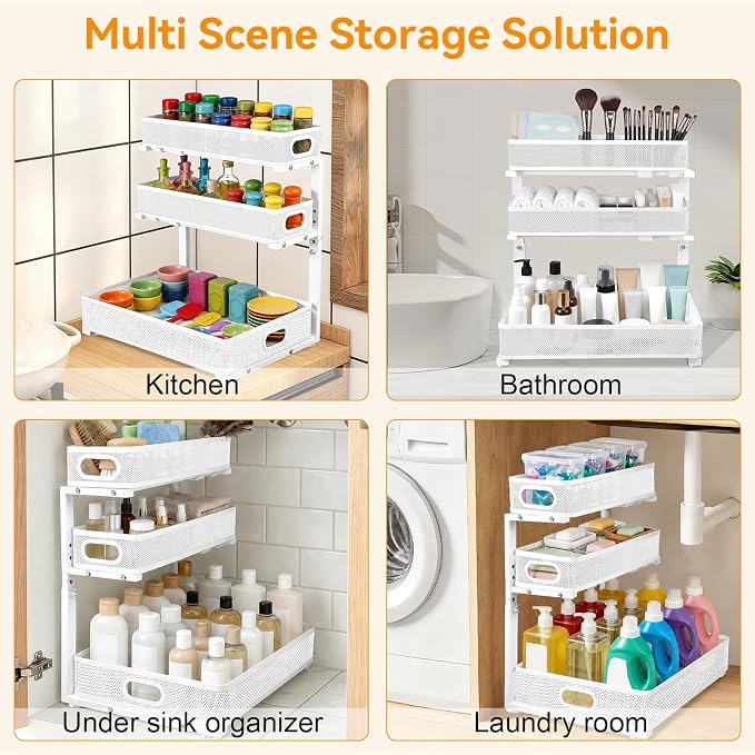 3 Tier Adjustable Under Sink Organizer for Bathroom & Kitchen(1Pack, White)