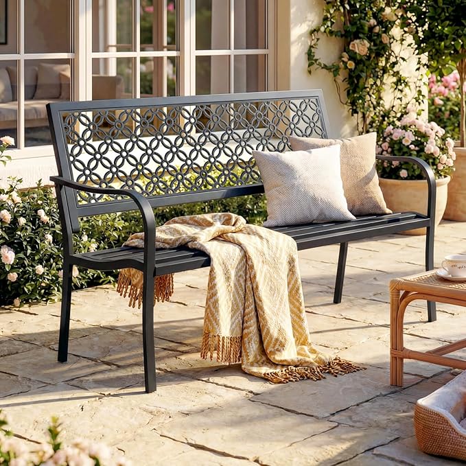 50" Outdoor Bench Weatherproof, 700 lbs Capacity Heavy Duty Garden Benches with Galvanized Metal Frame, Patio Bench with Floral Backrest, Patio Furniture for Porch, Park, Yard, Entryway, Black