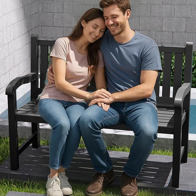 PatioZen Outdoor Bench, Waterproof & Weatherproof Garden Bench with Ergonomic Design, 2-Person Resin Bench for Porch, Deck, Patio, Outdoor, Garden & Park