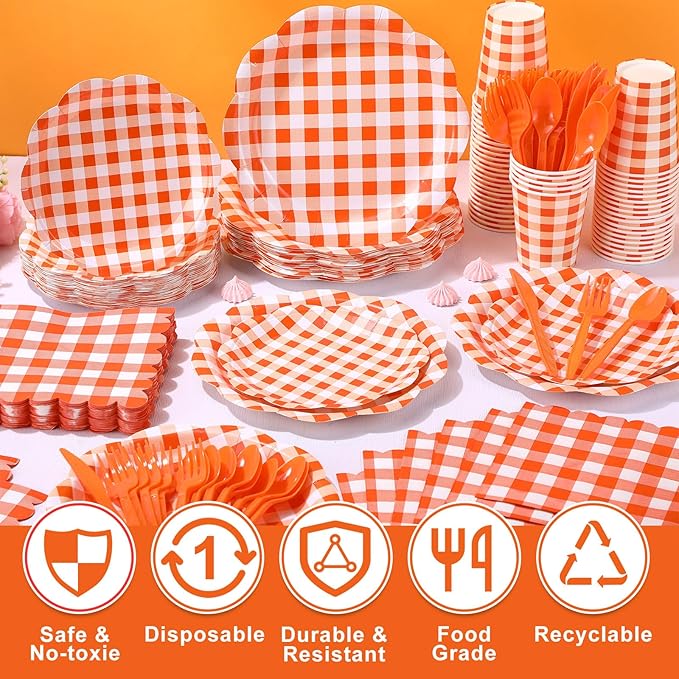 Funnymoom 400 Pcs Gingham Party Supplies for 50 Guests Orange and White Paper Plates and Napkins Knives Spoon Fork Cup Disposable Checkered Dinner Party Set Cutlery for Baby Shower Wedding Favor