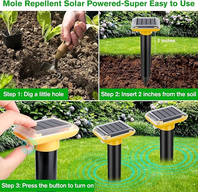 Ultrasonic Mole Repellent Outdoor,2 Pack Gopher Repellent Solar-Powered for Lawn Yard and Garden, Waterproof Mole Killer Traps, Effectively Repels Gopher Vole Groundhog Snake, Yellow