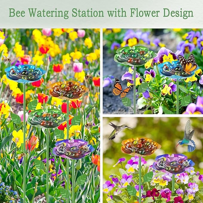 4 Pack Bee Watering Station | Bee Bath for Garden | Colorful Metal Bird Butterfly Water Feeder Supplies for Outdoor Yard Farm Decor Flower Design