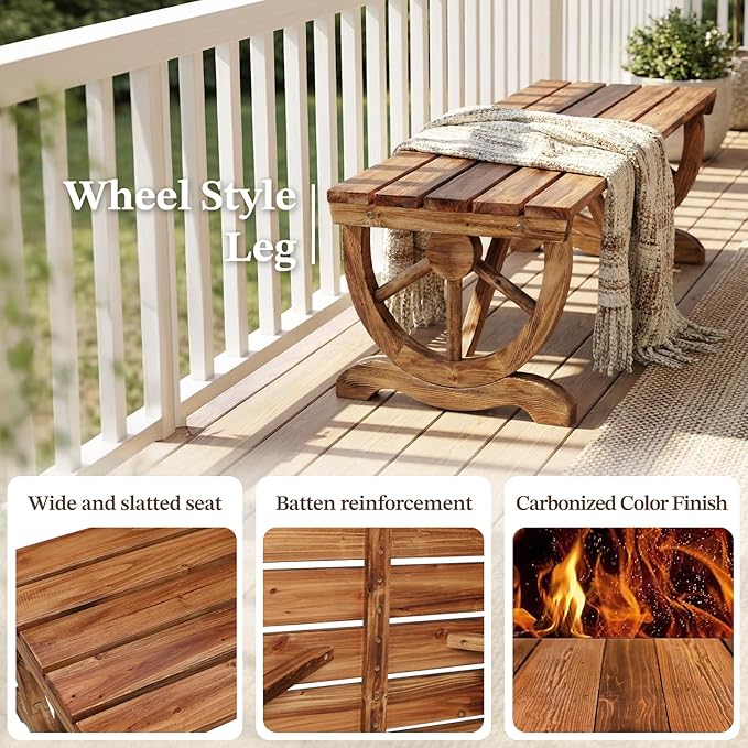 Outvita 39'' Outdoor Wooden Bench, 2-Person Rustic Wagon Wheel Bench with Slatted Seat and Carbonized Fir Wood Construction, Weather-Resistant Garden Bench for Patio, Porch and Backyard(Light Brown)