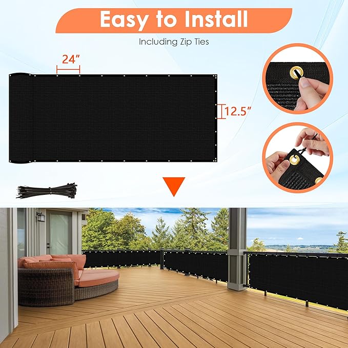 iCover 8x50ft Privacy Screen Fence, Outdoor Fencing Panels, Garden Windscreen Mesh Shade Sail Net Barrier, Fence Privacy Screen Reinforced Bindings and Brass Grommets Cable Zip Ties, Black