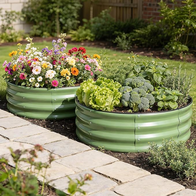 Galvanized Raised Garden Bed Outdoor 2Pcs | 4x4x1ft Metal Raised Beds for Gardening with Safety Rubber Strip | Round Planter Box for Plants Like Vegetables Fruits Flowers, Olive Green