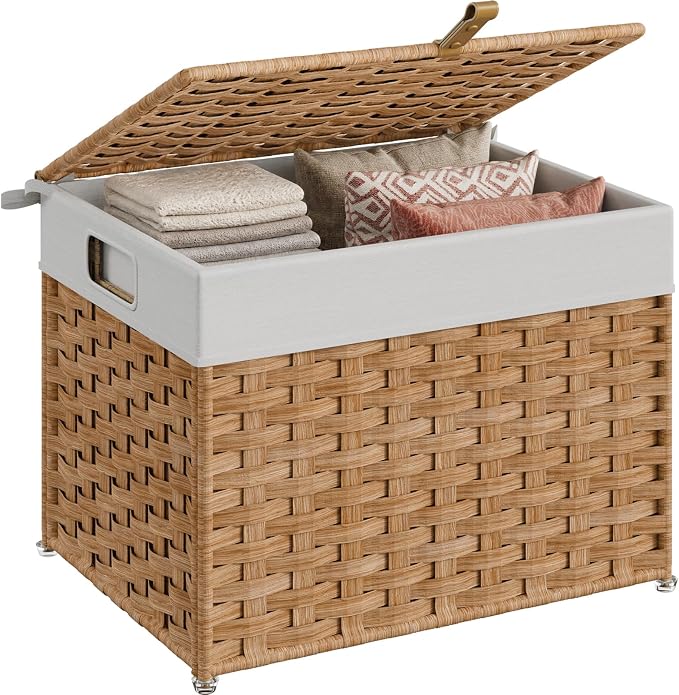 HOOBRO Storage Basket with Lid, 9.5 Gallon (35L) Wicker Basket, Handwoven Blanket Storage Basket with Handles, Metal Frame and Soft Lining, Foldable for Bedroom, Laundry Room, Natural NL334CW01