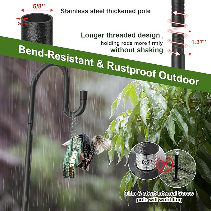 Bird Feeder Garden Hook - Heavy Duty Hummingbird Stand with Anti-tip Stake,46" Rustproof Shepards Pole with Hanger Holder for Hanging Birdfeeder,Planters,Flower Baskets,Black