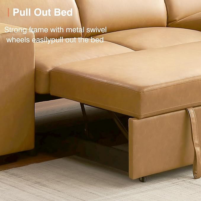 102'' Brown Leather L Shaped Sectional Sleeper Sofa with Pull Out Bed