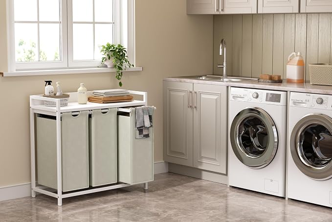 Herture Laundry Hampers with Shelf, Laundry Basket 3 Section, 3 x 15.87 Gal | Laundry Sorter with Pull-Out Removable Large 3 White Bags and Movable Wheels, Metal Frame, White PF04XLW