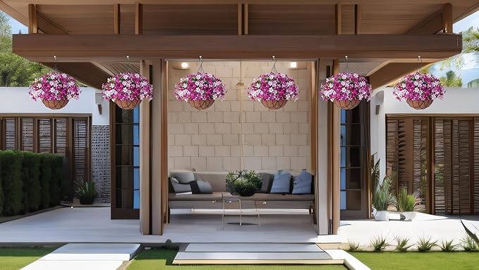 INXUGAO Artificial Flowers with Hanging Planter for Outdoor Decor, Faux Silk Daisy UV Resistant Plants in Basket for Indoor Porch Garden Yard Spring Summer Decor(Violet)