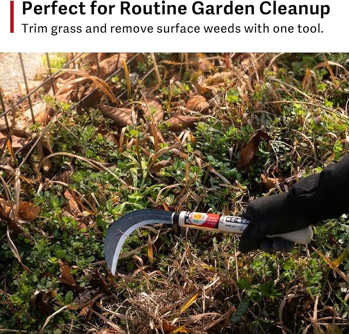 Japanese Garden Sickle, Hand Tool for Grass Cutting, Surface Weeding and Everyday Garden Work, Made in Japan by HONEN