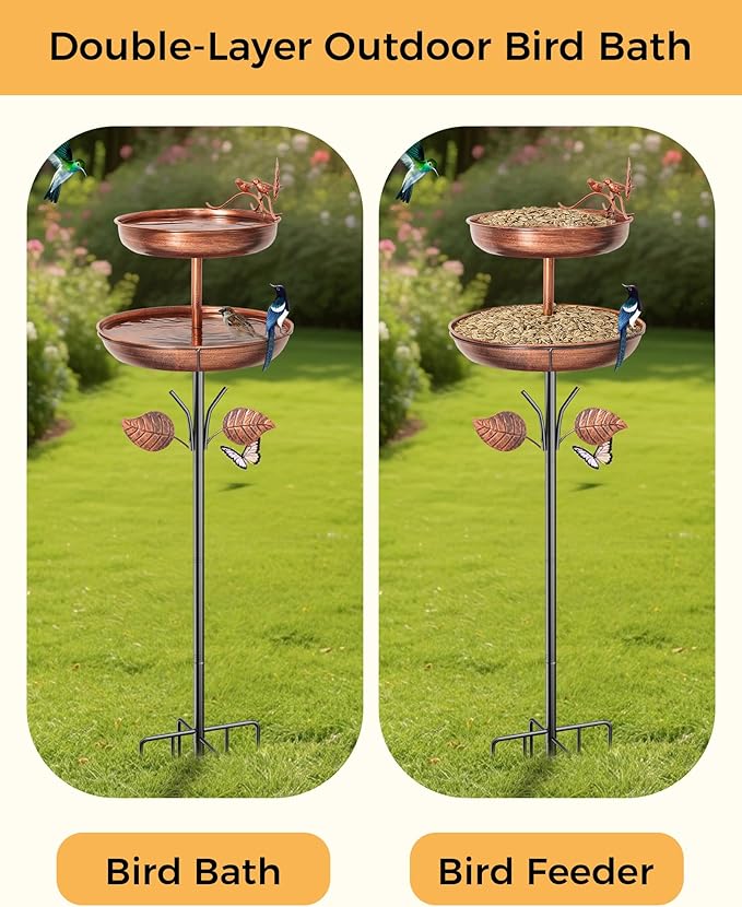 Metal Bird Bath for Outside, 46In Tall Birdbath Feeder Bowl with Stake for Outdoors, Detachable Double Bird Bath Feeder Bowls for Garden Patio Yard Lawn Decor, Upgraded 6-Pronged Base