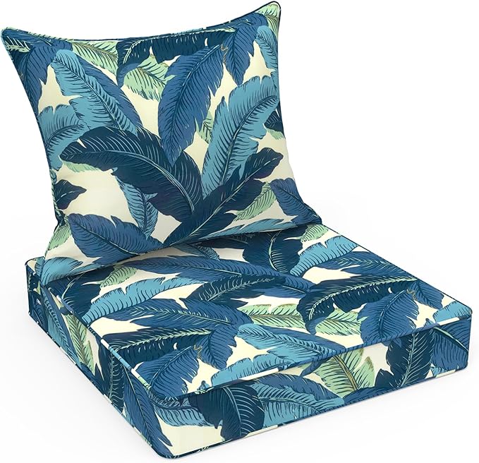 LVTXIII Outdoor Deep Seat Cushion 24"x24"x4" Patio Seat and Back Cushion Set Seasonal Chair Cushion for Dining Arm Chairs, Wicker Chairs and Garden Furniture Decoration, Swaying Palms Blue