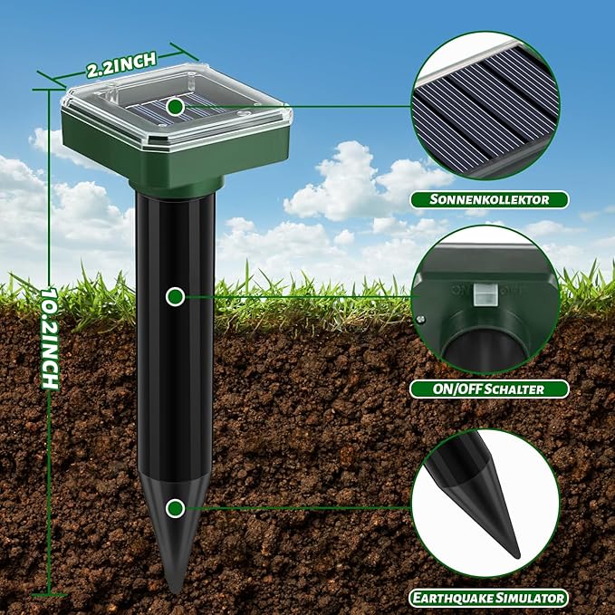 Mole Repellent Solar Powered 10 Pack, Ultrasonic Gopher Deterrent Stakes for Lawn & Garden, IP44 Waterproof Sonic Spike for Snake Vole Groundhog Chipmunk, Outdoor Pest Control for Yard Coverage