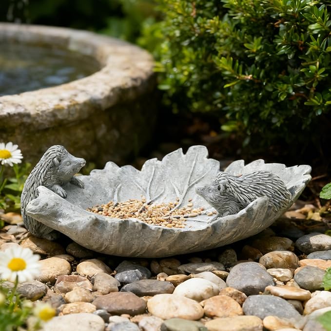 Bird Bath Bowl Hedgehog Statue Decorative Leaf for Gardeners Lovers Cement Small Birdfeeder Outside Concrete Outdoor Water Tray Patio Yard Balcony Deck Garden Decor Gift Women Mom