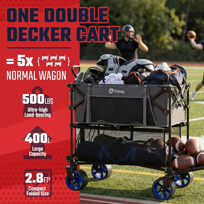 Sekey 500LBS Heavy Duty Double Decker Wagon with Extender, 400L Large Capacity Collapsible Garden Cart Fits 10x10 Canopy, All-Terrain Big Wheels with Brakes, Foldable Utility Wagon for Sports, Camping