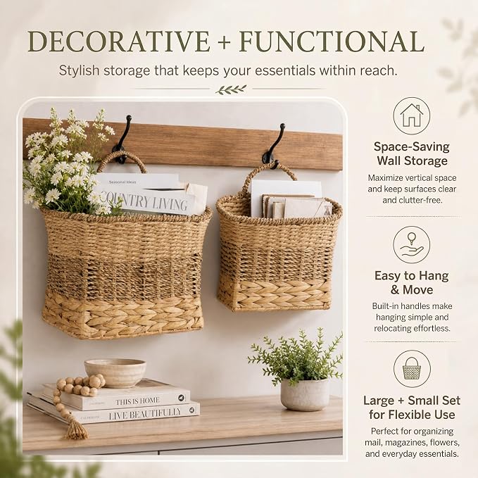 Set of 2 Handwoven Wicker Hanging Basket, Boho Style Layered Weave Hanging Wall Basket Decor, Natural Water Hyacinth Wall Mounted Storage for Farmhouse, Door, Entryway, Flower, Mail, Plant